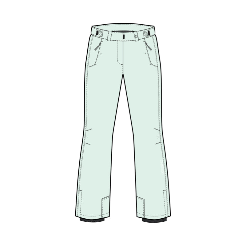 A technical line drawing of a pair of light mint green ski pants on a solid white background.