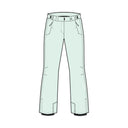 A technical line drawing of a pair of light mint green ski pants on a solid white background.