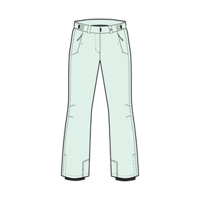 A technical line drawing of a pair of light mint green ski pants on a solid white background.