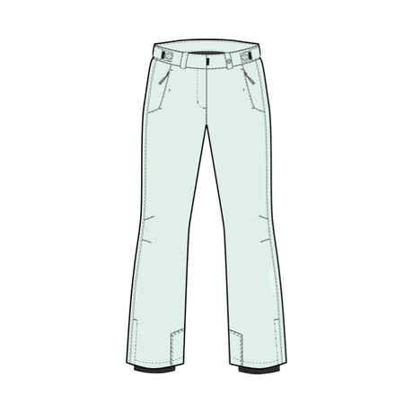 A technical line drawing of a pair of light mint green ski pants on a solid white background.