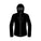 A black hooded technical jacket shown front-facing on a plain white background, with a full front zipper, zip hand pockets, and a small visible HUK brand mark on the upper right sleeve.