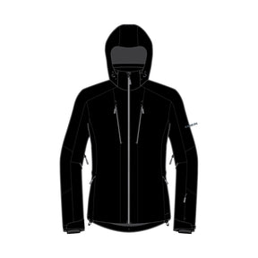 A black hooded technical jacket shown front-facing on a plain white background, with a full front zipper, zip hand pockets, and a small visible HUK brand mark on the upper right sleeve.