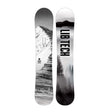 Two views of a Lib Tech snowboard side-by-side against a white background, featuring a black and white mountain and forest graphic.