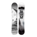 Two views of a Lib Tech snowboard side-by-side against a white background, featuring a black and white mountain and forest graphic.