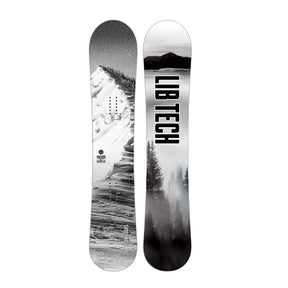 Two views of a Lib Tech snowboard side-by-side against a white background, featuring a black and white mountain and forest graphic.