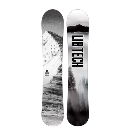 Two views of a Lib Tech snowboard side-by-side against a white background, featuring a black and white mountain and forest graphic.