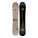 A snowboard shown from both sides against a plain white background. The left side is a warm beige/tan color with a small graphic in the center and yellow branding near the top.