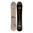 A snowboard shown from both sides against a plain white background. The left side is a warm beige/tan color with a small graphic in the center and yellow branding near the top.
