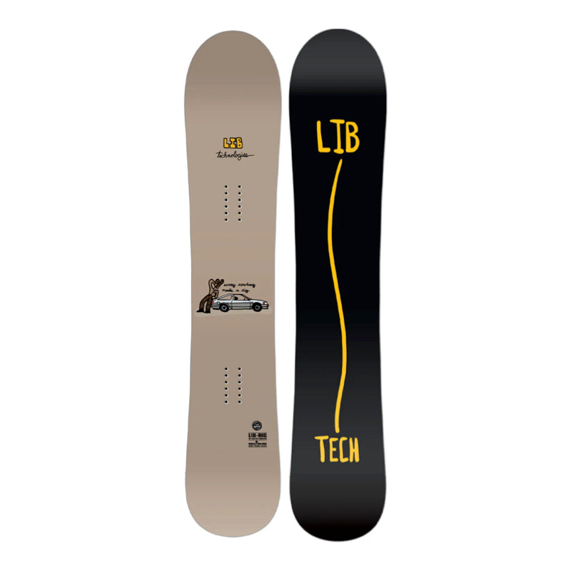 A snowboard shown from both sides against a plain white background. The left side is a warm beige/tan color with a small graphic in the center and yellow branding near the top.
