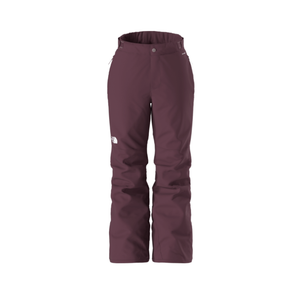 Maroon snow pants with a brand logo on a white background