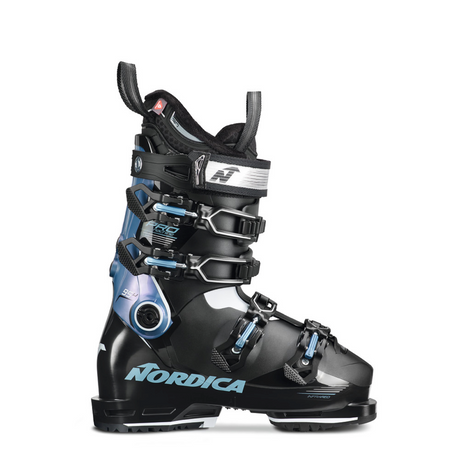 black blue and white ski boot