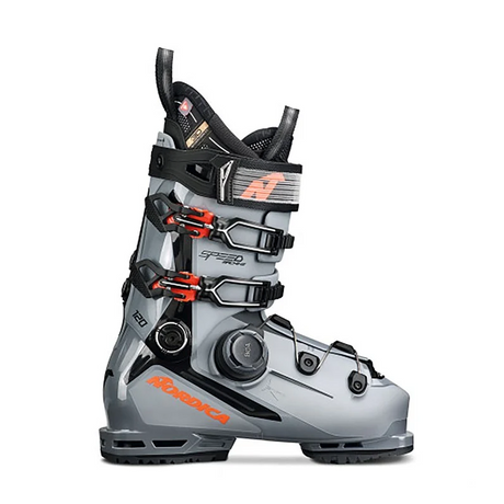 Gray red and black boa ski boot