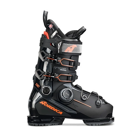 black red and gray ski boot