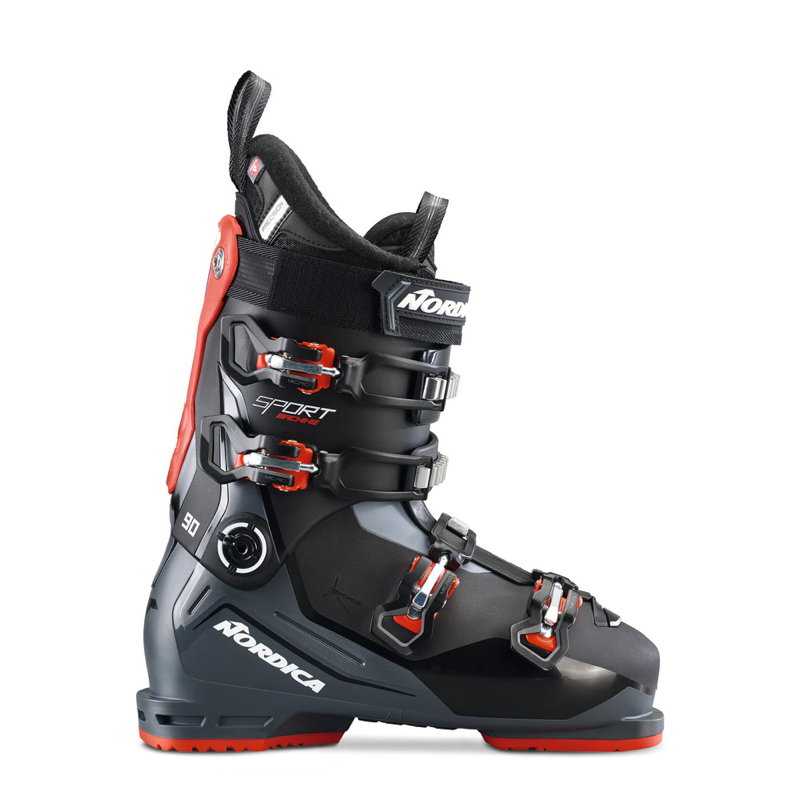 Black red and gray ski boot