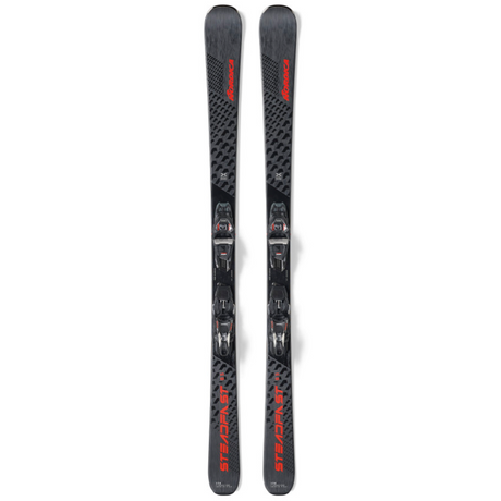 Black and red ski with bindings