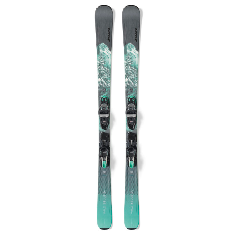 teal and gray skis with bindings