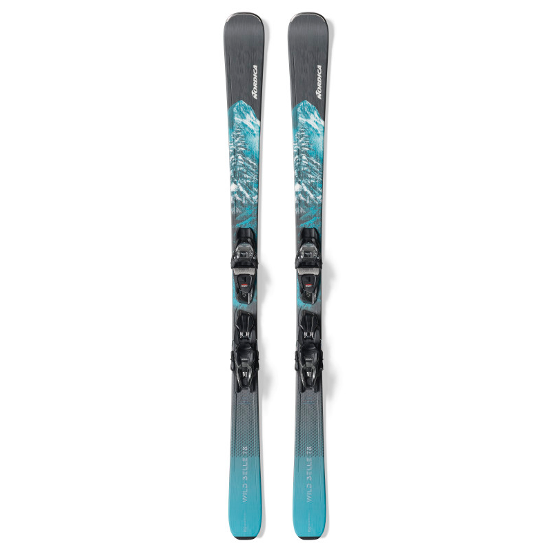 blue and gray skis with bindings