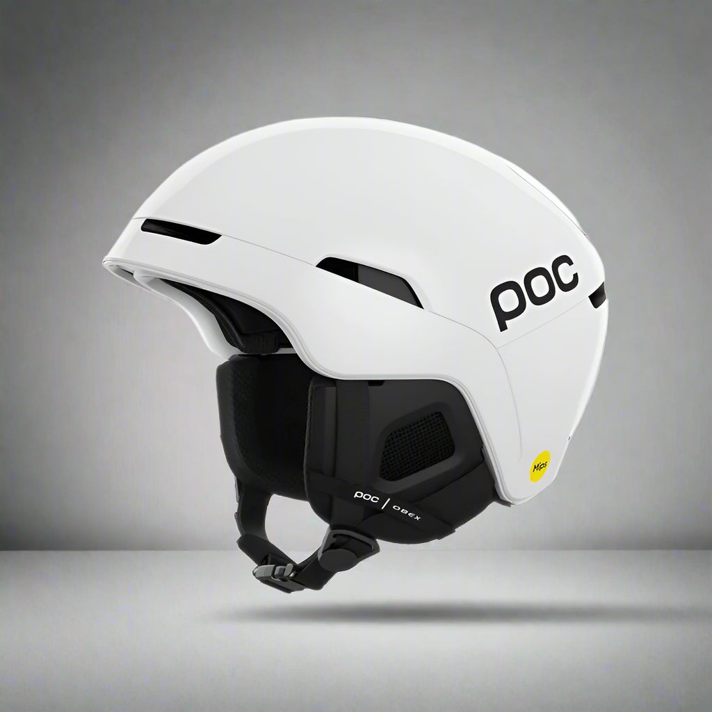 White helmet with black interior and visible POC branding on a white background