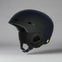 Black helmet with a yellow label on a white background