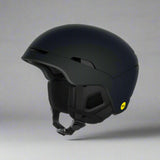 Black helmet with a yellow label on a white background