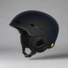 Black helmet with a yellow label on a white background