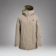 Beige winter jacket with a hood on a white background