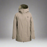 Beige winter jacket with a hood on a white background