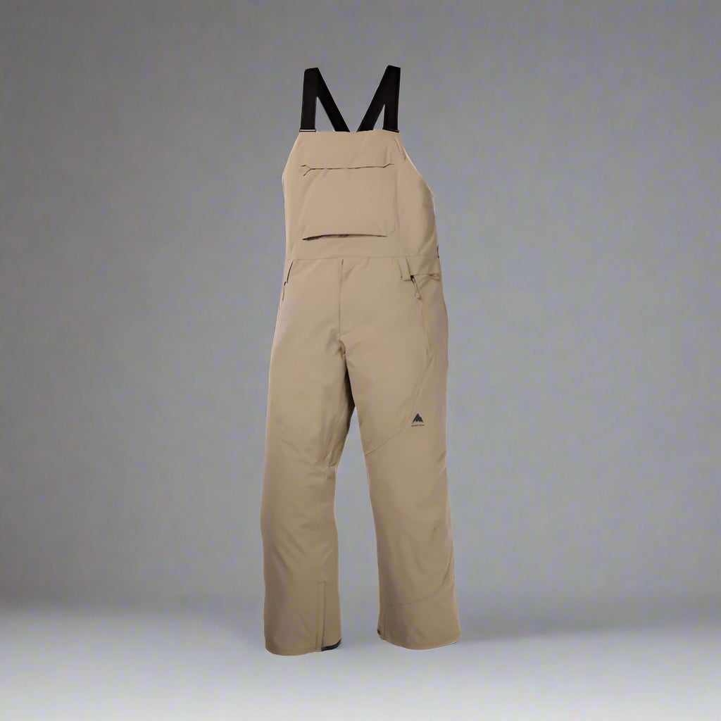 Khaki bib overalls with black straps on a white background