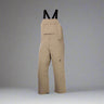 Khaki bib overalls with black straps on a white background