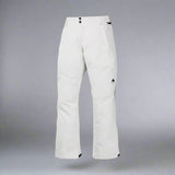 White snow pants with a small logo on a white background