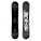Black snowboard with a white logo on a white background