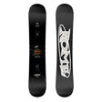 Black snowboard with a white logo on a white background