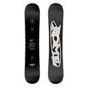 Black snowboard with a white logo on a white background