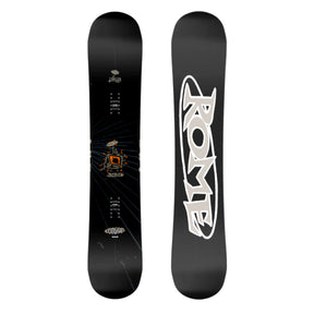 Black snowboard with a white logo on a white background