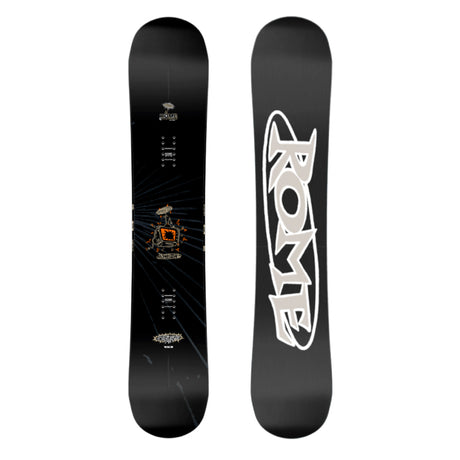 Black snowboard with a white logo on a white background