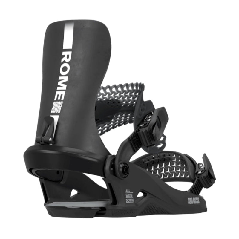 Black snowboard binding with 'Rome' branding on a white background
