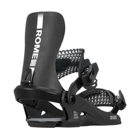 Black snowboard binding with 'Rome' branding on a white background