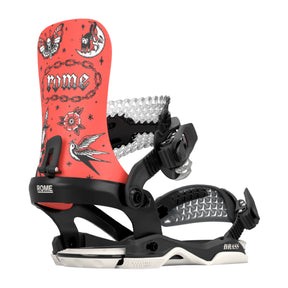 Red and black snowboard binding with 'Rome' branding on a white background