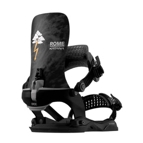 Black snowboard binding with 'Rome' branding on a white background