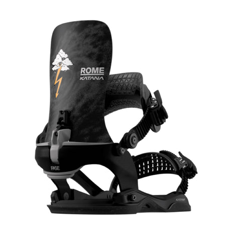 Black snowboard binding with 'Rome' branding on a white background
