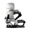 White snowboard binding with black hardware on a white background