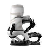 White snowboard binding with black hardware on a white background