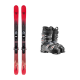 Red and black skis with a gray ski boot on a white background