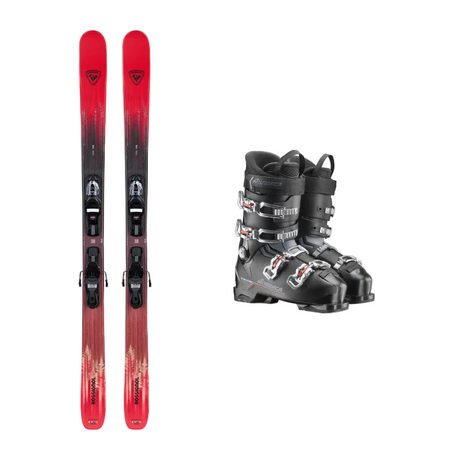 Red and black skis with a gray ski boot on a white background