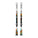 A pair of Salomon alpine skis with black bindings, featuring a white base with vibrant orange, yellow, and teal graphic patterns near the tips, shown against a plain white background.