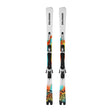 A pair of Salomon alpine skis with black bindings, featuring a white base with vibrant orange, yellow, and teal graphic patterns near the tips, shown against a plain white background.