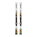 A pair of Salomon alpine skis with black bindings, featuring a white base with vibrant orange, yellow, and teal graphic patterns near the tips, shown against a plain white background.