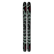 A pair of Salomon ski tips with a black base featuring mint green abstract wave patterns and pink brand lettering, shown vertically on a plain white background.
