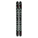 A pair of Salomon ski tips with a black base featuring mint green abstract wave patterns and pink brand lettering, shown vertically on a plain white background.
