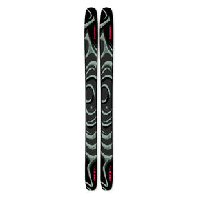 A pair of Salomon ski tips with a black base featuring mint green abstract wave patterns and pink brand lettering, shown vertically on a plain white background.